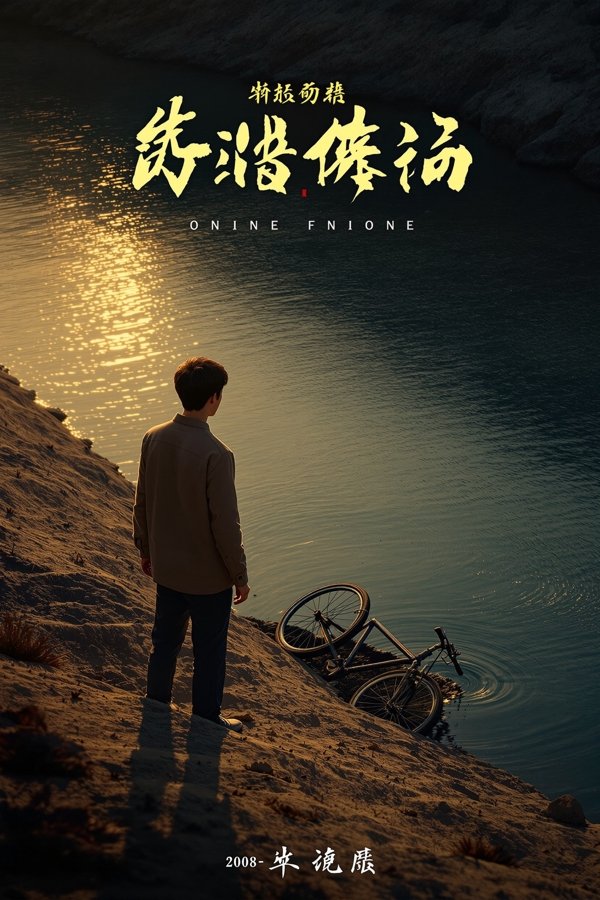 河边的夏天 电影海报，哥哥失踪十年，弟弟在故乡的河里捞起他当年的自行车。